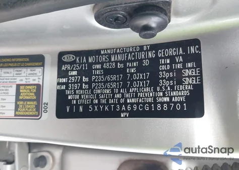 2012 Kia Sorento Lx из США, поврежденный, VIN 5XYKT3A69CG188701